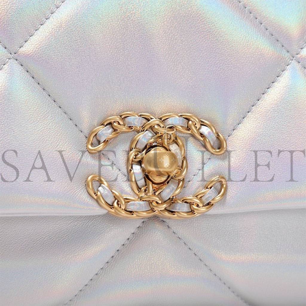Ch*el iridescent calfskin quilted medium Ch*el 19 flap light gold purple blue as1160 (26*17*8cm)